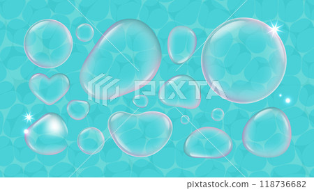 Vector illustration of soap bubbles of various shapes and the water surface of the pool 118736682