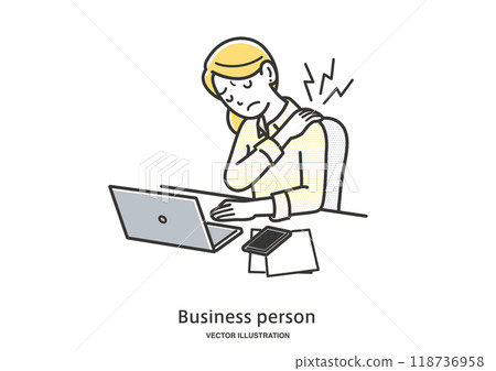 A female office worker who suffers from stiff shoulders while working on a computer 118736958