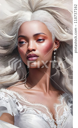 The image shows a stunning portrait of a woman with flowing white hair, wearing a detailed lace gown. The focus is on her radiant, soft features and glowing skin, with a subtle and serene expression. 118737162