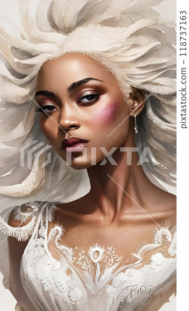 The image shows a stunning portrait of a woman with flowing white hair, wearing a detailed lace gown. The focus is on her radiant, soft features and glowing skin, with a subtle and serene expression. 118737163