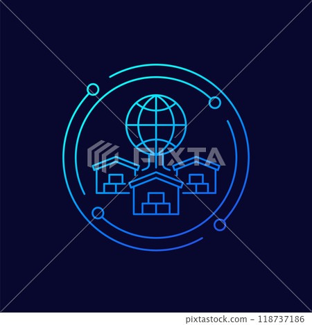 Global sourcing icon with warehouses, line design 118737186