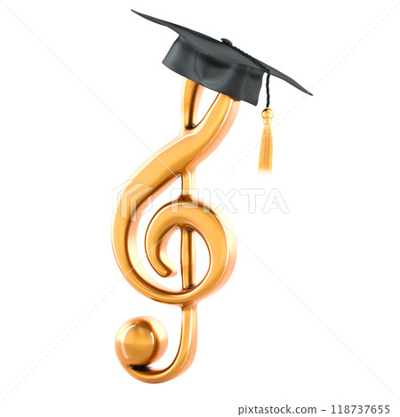 Treble clef music note with graduation cap. Musical education, concept. 3D rendering 118737655