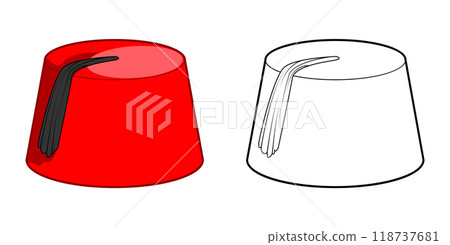 Fez Pillbox shape Hat with tassel. Head Fashion accessory cap clothing technical illustration. Vector headgear for Men 118737681