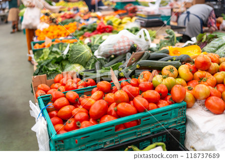 Fresh vegetables in crates displayed at European 118737689