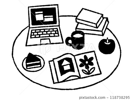 Scene with a computer and food on a table_2 118738295