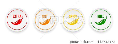 Realistic Vector Round Stickers with Spicy Chili Pepper Icon, Food Spicy Level. Red, Orange, Yellow, Green Jalapeno Pepper Strength Scale Sticker Indicators with Mild, Spicy, Hot and Extra Positions 118738378