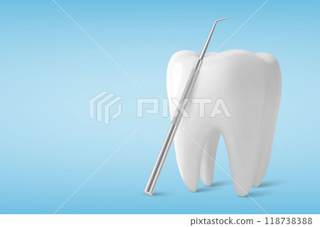 Vector 3d Realistic Tooth and Dental Probe for Teeth Closeup Isolated on Blue Background. Medical Dentist Tool. Design Template, Clipart, Mockup. Dentistry, Healthcare, Hygiene Concept Vector 3d Realistic Tooth and Dental Probe for Teeth Closeup Isolated on Blue Background. Medical Dentist Tool. Design Template, Clipart, Mockup. Dentistry, Healthcare, Hygiene Concept 118738388
