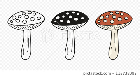 Flat Vector Hand Drawn Cartoon Fly Agaric Mushrooms Outline Illustration. Amanita Muscaria, Fly Agaric Illustration, Mushrooms. Magic Mushroom Icons, Design Template 118738392
