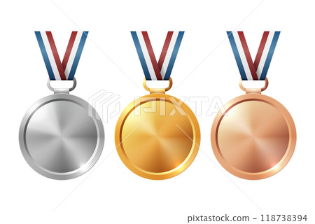 Vector Gold, Silver, and Bronze Award Medal Icon Set with Color Ribbons Close-up Isolated. First, Second, Third Place Prizes. Sport Tournament Victory Concept 118738394