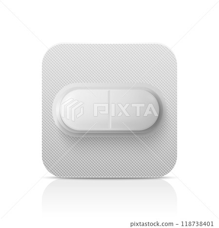Vector Realistic White Pharmaceutical Medical Pill, Vitamins, Capsule in Blister Closeup Isolated. Pill in Blister Packaging Design Template. Front View. Medicine, Health Concept 118738401