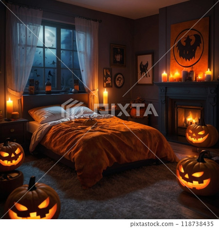 Halloween pumpkin and candle decorations in bedroom 118738435