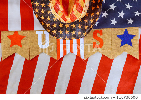 Symbolizing America, holiday banner with flag of United States displays an inscription that reads US Symbolizing America, holiday banner with flag of United States displays an inscription that reads US 118738506