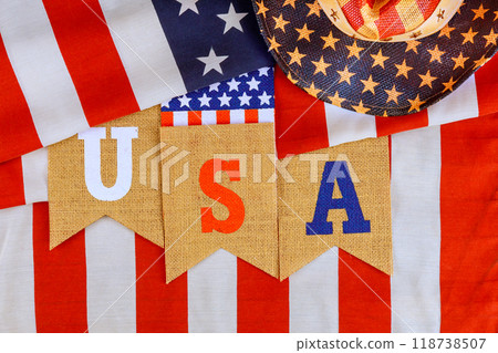 An American flag holiday banner with inscription USA is part of symbols of America 118738507