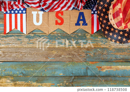 Holiday banner with flag of US is Symbols of America inscription USA 118738508