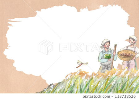Watercolor background illustration of farmers rejoicing in the autumn harvest and an autumn landscape 118738526
