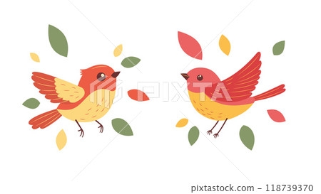 A Pair of Cute Orange Robin Bird Animal with Leaves in the Park 118739370