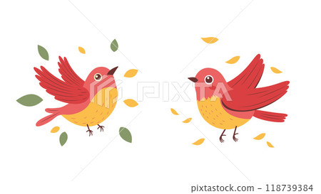 A Pair of Cute Red Robin Bird Animal with Leaves in the Park 118739384