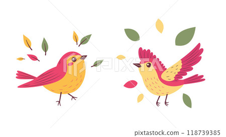A Pair of Cute Red Robin Bird Animal with Leaves in the Park A Pair of Cute Red Robin Bird Animal with Leaves in the Park 118739385