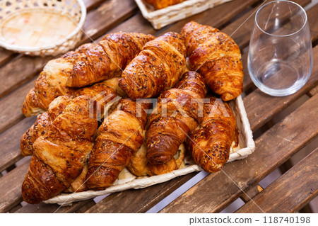 Delicious hot croissants on breakfast table 118740198