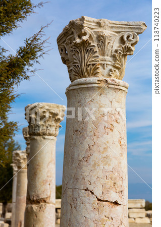 Marble pillars with Corinthian capitals on ruins of Agora in Kibyra, Turkey Marble pillars with Corinthian capitals on ruins of Agora in Kibyra, Turkey 118740223