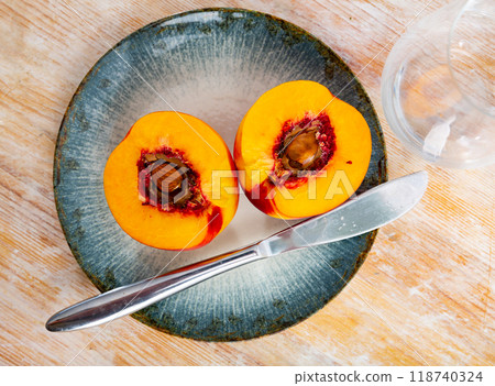 Fresh nectarine on wooden background, fruit vegan food 118740324