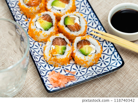 California roll masago caviar with cheese avocado and salmon California roll masago caviar with cheese avocado and salmon 118740342