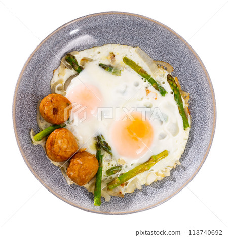 Breakfast with scrambled eggs, meatballs, asparagus Breakfast with scrambled eggs, meatballs, asparagus 118740692