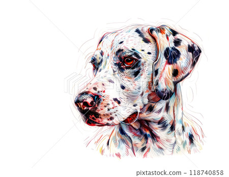 A vibrant, colorful illustration of a dalmatian's head with expressive eyes in colorful pencil strokes, Perfect for pet, animal, Dog lover. 118740858