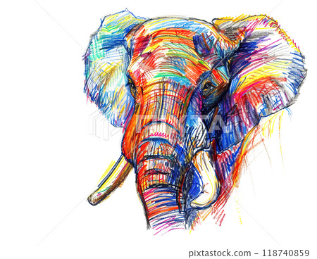 A vibrant, colorful detailed an elephant head portrait in colorful pencil strokes with expressive eyes. Perfect for wildlife, nature, and animal designs. 118740859