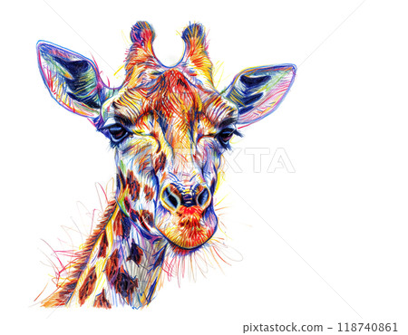 A vibrant, colorful illustration of a giraffe's head with expressive eyes in colorful pencil strokes, Perfect for wildlife, nature, and animal designs. 118740861