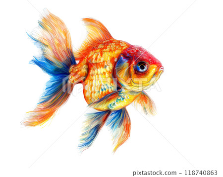 A vibrant, colorful illustration of a goldfish with flowing fins. Perfect for aquatic, animal, and Asian designs. Fish, Pet Lover. 118740863