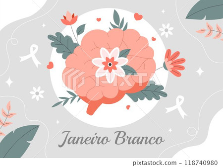 Janeiro Branco Translation of a White January Mental Health Awareness Month Vector Illustration with a Symbol the Brain and Flowers in Flat Background Janeiro Branco Translation of a White January Mental Health Awareness Month Vector Illustration with a Symbol the Brain and Flowers in Flat Background 118740980