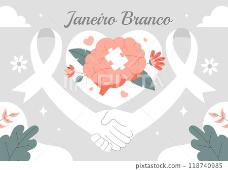 Janeiro Branco Translation of a White January Mental Health Awareness Month Vector Illustration with a Symbol the Brain and Flowers in Flat Background 118740985