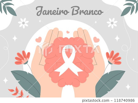 Janeiro Branco Translation of a White January Mental Health Awareness Month Vector Illustration with a Symbol the Brain and Flowers in Flat Background 118740986