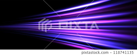 Neon glowing streak background. Blue purple speed light effect. Magic trail flare lines texture. Luminous laser beams and rays wallpaper design. Futuristic neon stripes backdrop. Vector Neon glowing streak background. Blue purple speed light effect. Magic trail flare lines texture. Luminous laser beams and rays wallpaper design. Futuristic neon stripes backdrop. Vector 118741135
