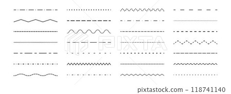 Dashed straight, wavy and zig zag line set. Dotted dividers or separators design element collection. Broken stroke pack for underline, emphasis, highlight. Repeated dash zigzag lines bundle. Vector Dashed straight, wavy and zig zag line set. Dotted dividers or separators design element collection. Broken stroke pack for underline, emphasis, highlight. Repeated dash zigzag lines bundle. Vector 118741140