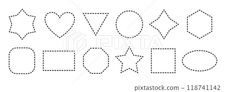 Black dashed frame collection. Dash outline geometric border set. Geometric dotted shape pack. Outline cut out element design bundle for poster, banner, flyer, brochure, leaflet, booklet. Vector Black dashed frame collection. Dash outline geometric border set. Geometric dotted shape pack. Outline cut out element design bundle for poster, banner, flyer, brochure, leaflet, booklet. Vector 118741142