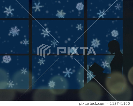 一個女人在寒冷的雪夜在窗邊讀書的插圖。一幅寧靜美麗的冬夜畫面。 118741160