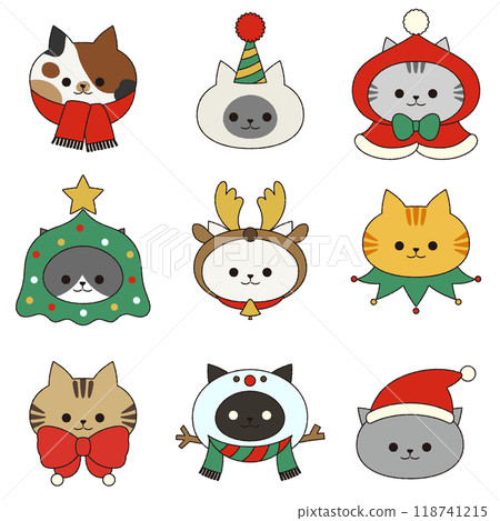 Christmas cat face icon set_with outline 118741215