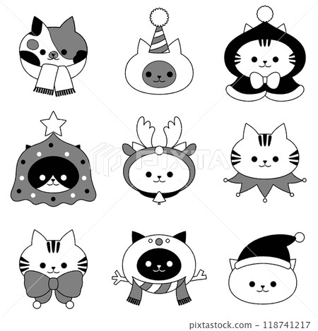 Monochrome Christmas cat face icon set with outline 118741217