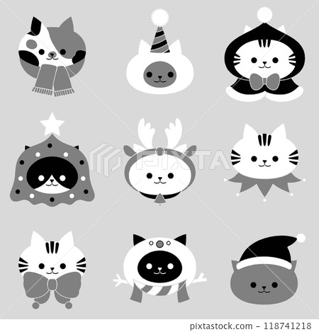 Monochrome Christmas cat face icon set_no outline 118741218