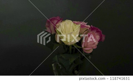 Bouquet of various coloured roses on dark background. Bouquet of roses on black background. Concept of romance, love, noir vibes 118741631