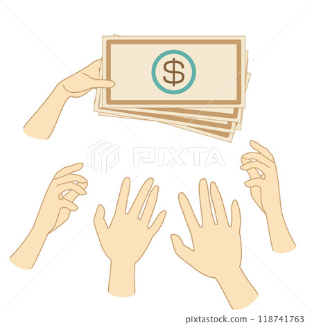 Color illustration of a hand showing off a dollar bill and other hands surrounding it 118741763