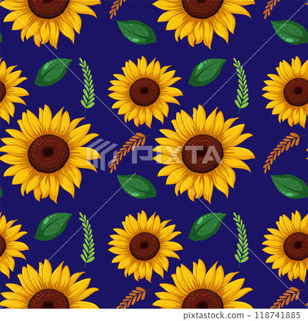 Seamless Sunflower and Leaf Pattern 118741885