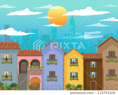 Colorful Urban Buildings at Sunset 118741926