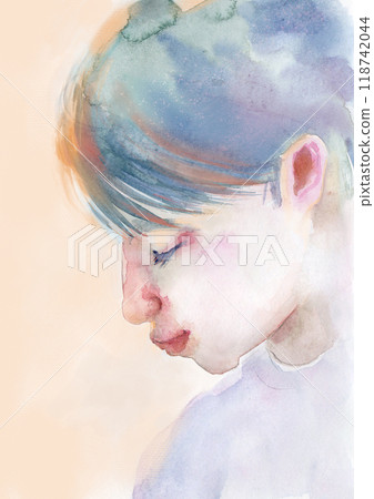 一個男孩低頭的水彩插圖 118742044