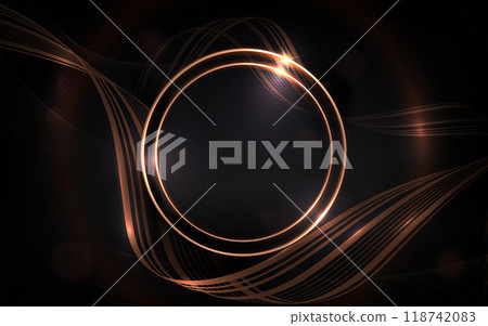 Composition with a round sparkling frame, golden wavy ribbons and a mesh pattern 118742083