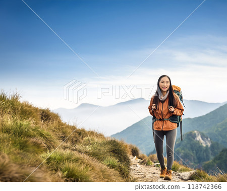 Image of a young woman enjoying trekking 118742366