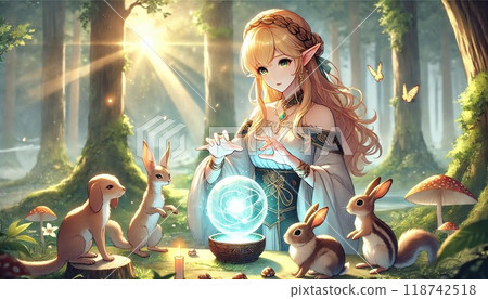精靈和動物在森林中使用魔法的神秘場景 118742518