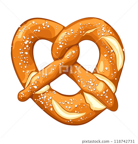 Vector hand drawn illustration of a classic salted pretzel with white salt crystals isolated on white background. 118742731